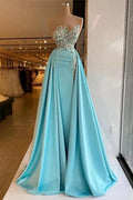 Unique Long A-line Bateau Appliques Crystal Ruffles Prom Dress by BIZTUNNEL