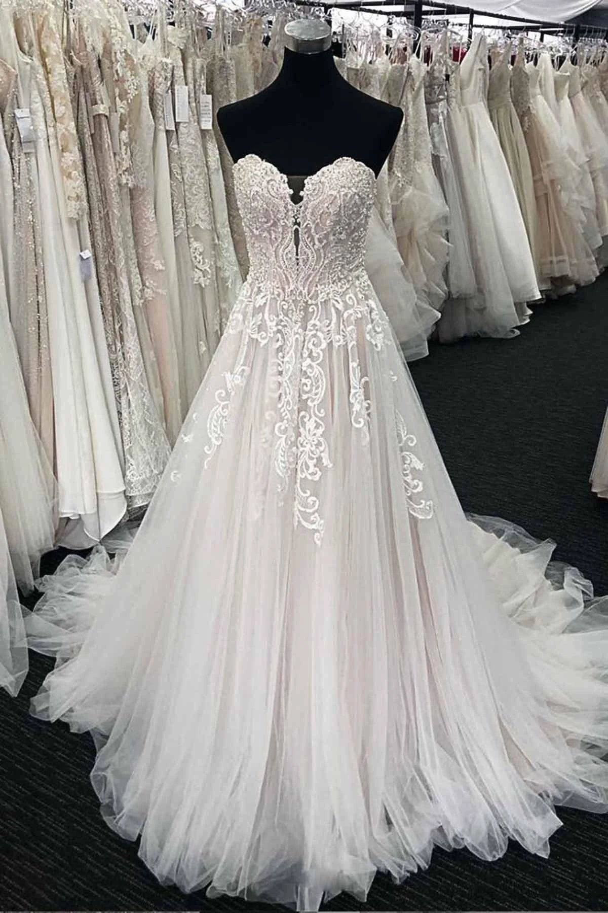 Unique Long A-line Lace Sweetheart Tulle Wedding Dress by BIZTUNNEL