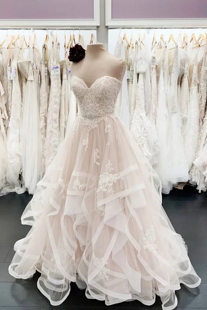 Unique Long A Line Sweetheart Neck Lace Multi-layer Wedding Dress by BIZTUNNEL