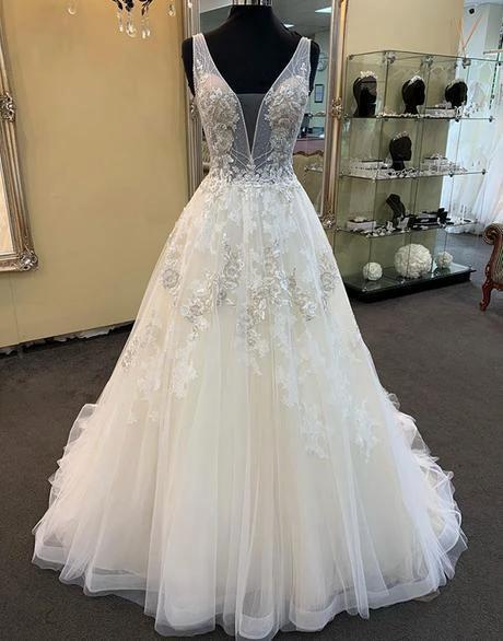 Unique Long A-line Tulle V Neck Beaded Lace Wedding Dress by BIZTUNNEL