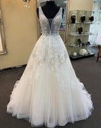 Unique Long A-line Tulle V Neck Beaded Lace Wedding Dress by BIZTUNNEL