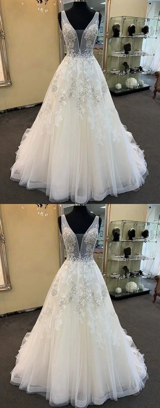 Unique Long A-line Tulle V Neck Beaded Lace Wedding Dress by BIZTUNNEL