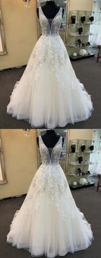 Unique Long A-line Tulle V Neck Beaded Lace Wedding Dress by BIZTUNNEL