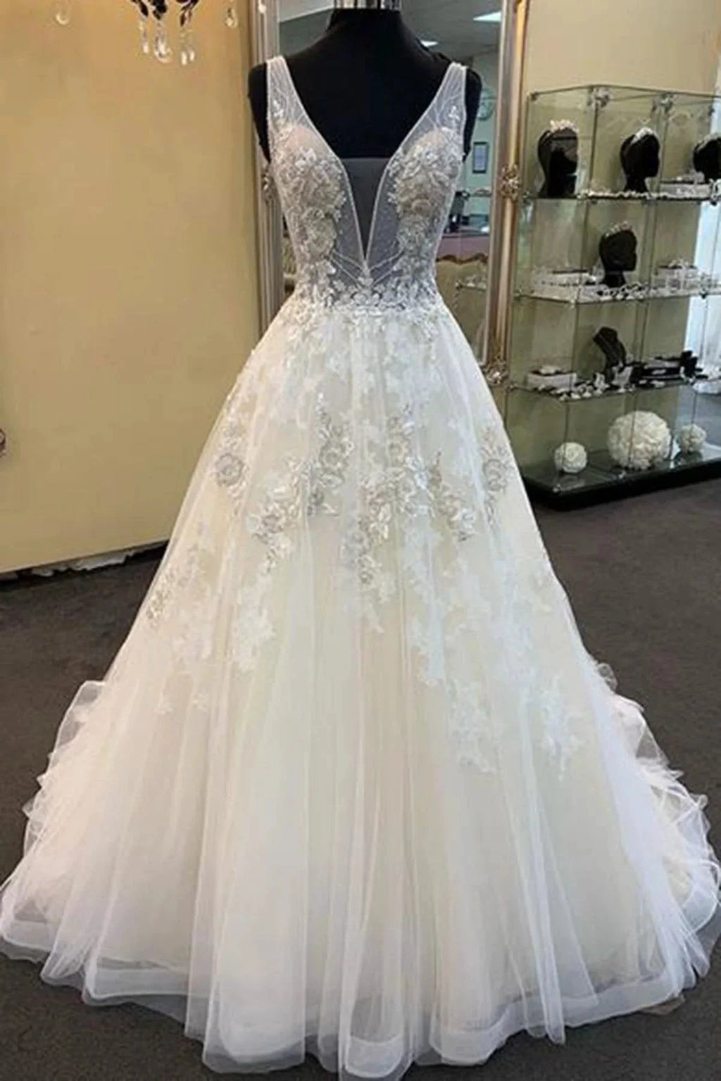 Unique Long A-line Tulle V Neck Beaded Lace Wedding Dress by BIZTUNNEL