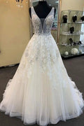 Unique Long A-line Tulle V Neck Beaded Lace Wedding Dress by BIZTUNNEL