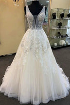 Unique Long A-line Tulle V Neck Beaded Lace Wedding Dress by BIZTUNNEL