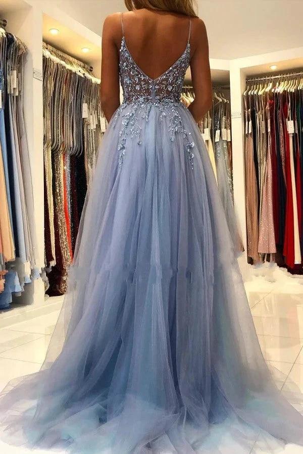 Unique Long A-line V-neck Tulle Open Back Prom Dress with Slit by BIZTUNNEL