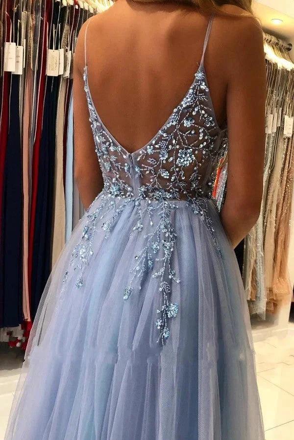 Unique Long A-line V-neck Tulle Open Back Prom Dress with Slit by BIZTUNNEL