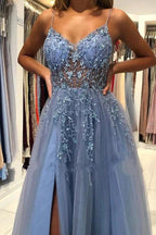Unique Long A-line V-neck Tulle Open Back Prom Dress with Slit by BIZTUNNEL