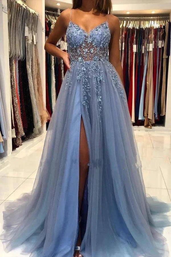 Unique Long A-line V-neck Tulle Open Back Prom Dress with Slit by BIZTUNNEL