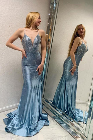 Vestido de fiesta sirena único, largo, con escote en V y purpurina, sin espalda