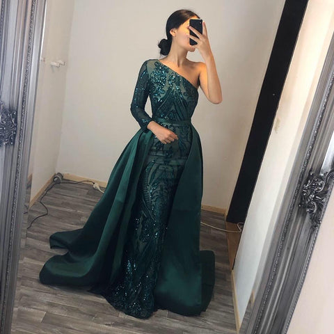 Vestido de fiesta largo con lentejuelas y un solo hombro, estilo sirena, con mangas