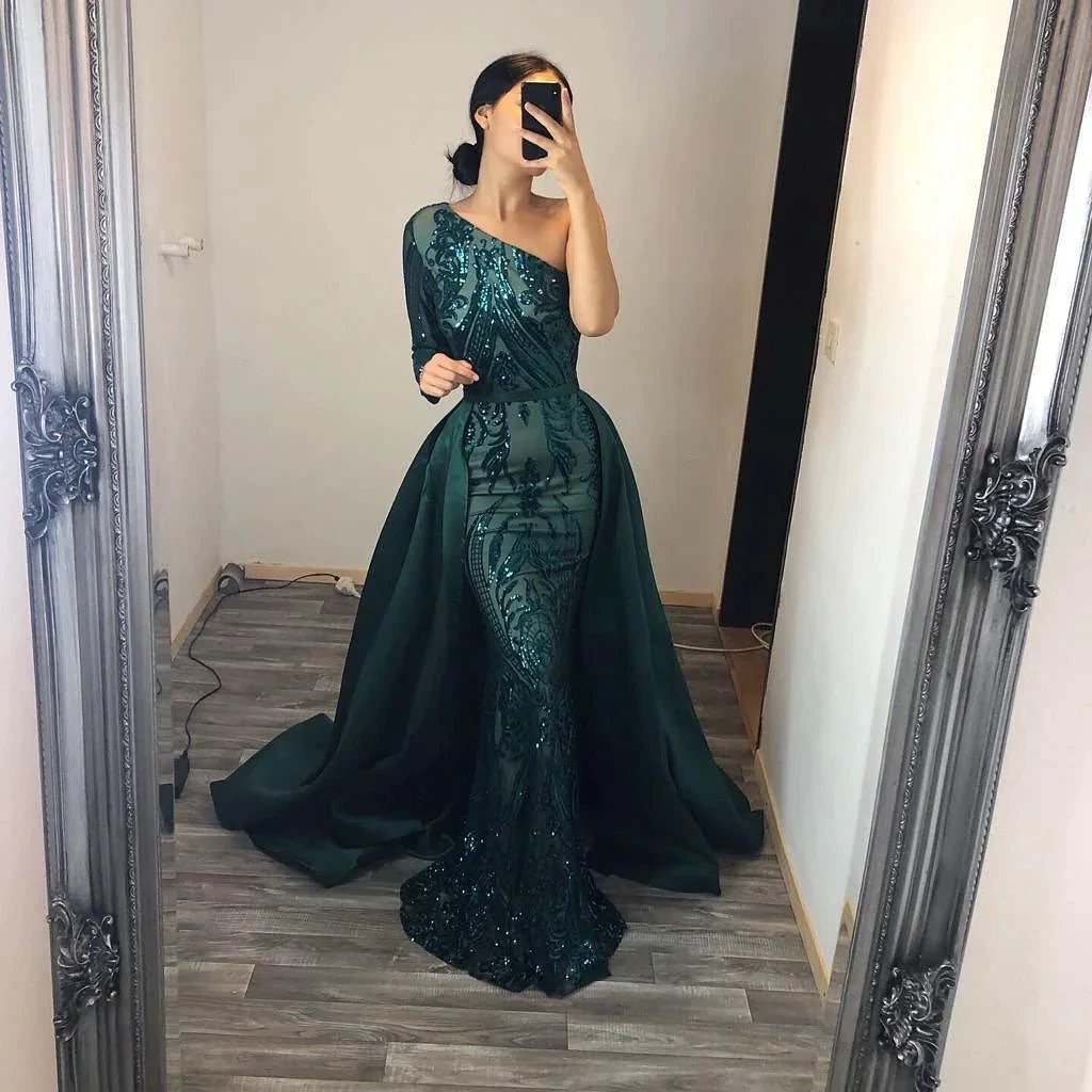 Unique Mermaid One Shoulder Sequins Long Prom Dress with Sleeves by BIZTUNNEL