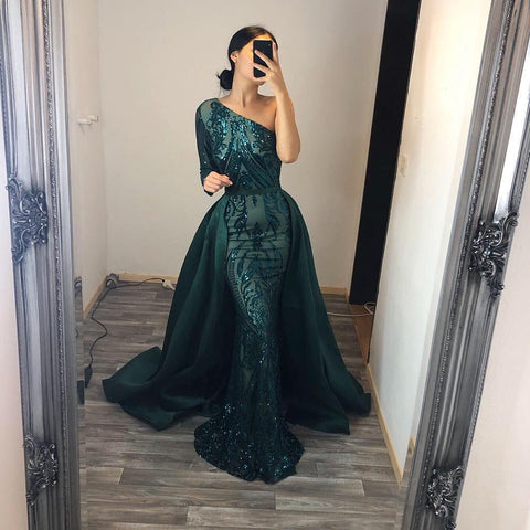 Vestido de fiesta largo con lentejuelas y un solo hombro, estilo sirena, con mangas