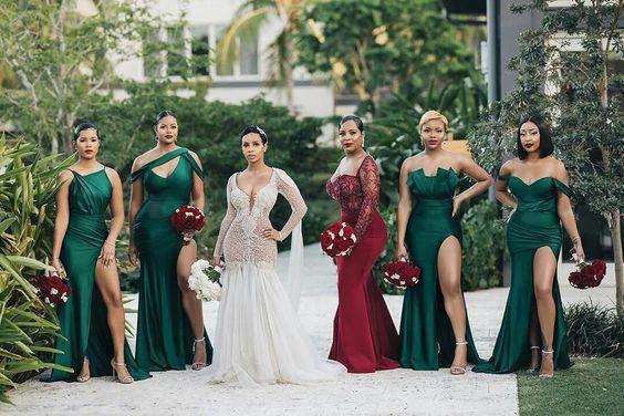 Unique Off-the-shoulder Strapless Emerald Green Elastic Satin Long Bridesmaid Dress by misshow.com