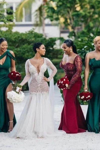 Unique Off-the-shoulder Strapless Emerald Green Elastic Satin Long Bridesmaid Dress by misshow.com