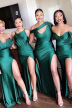 Unique Off-the-shoulder Strapless Emerald Green Elastic Satin Long Bridesmaid Dress by misshow.com