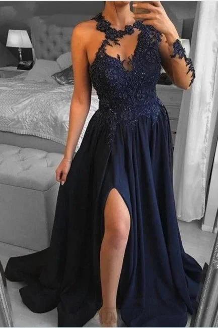 Unique One-shoulder Long-Sleeve A-Line Floor-Length Chiffon Prom Dresses with Appliques by misshow.com