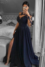 Unique One-shoulder Long-Sleeve A-Line Floor-Length Chiffon Prom Dresses with Appliques by misshow.com
