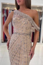 Unique One-shoulder Sleeveless Mermaid Satin Prom Dresses with Beading by misshow.com