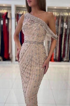 Unique One-shoulder Sleeveless Mermaid Satin Prom Dresses with Beading by misshow.com