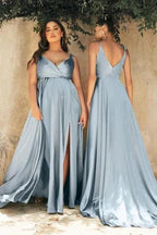 Unique Spaghetti Straps Sleeveless Column Floor-Length Elastic Woven Satin Prom Dresses with Ruffles by misshow.com
