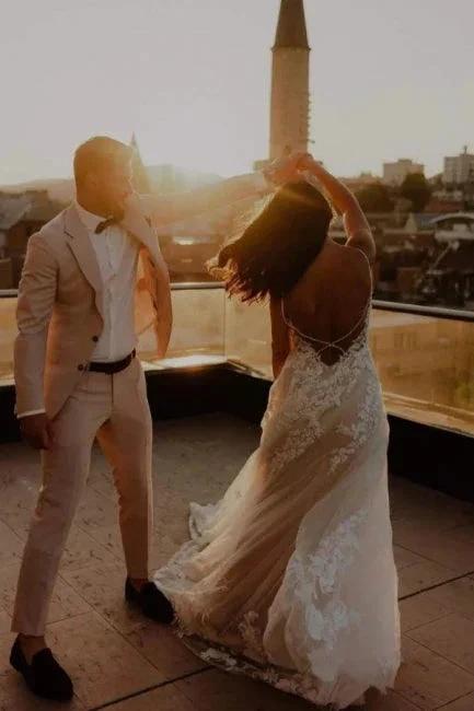 Unique Spaghetti Straps Sleeveless Column Floor-Length Lace Wedding Dresses with Appliques by misshow.com