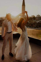 Unique Spaghetti Straps Sleeveless Column Floor-Length Lace Wedding Dresses with Appliques by misshow.com
