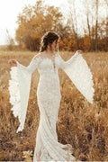 Unique Sweetheart Long-Sleeve Mermaid Floor-Length Lace Wedding Dresses with Chapel Train by misshow.com
