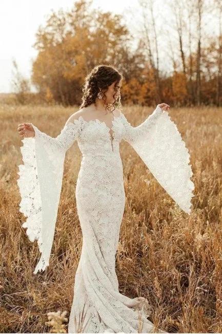 Unique Sweetheart Long-Sleeve Mermaid Floor-Length Lace Wedding Dresses with Chapel Train by misshow.com