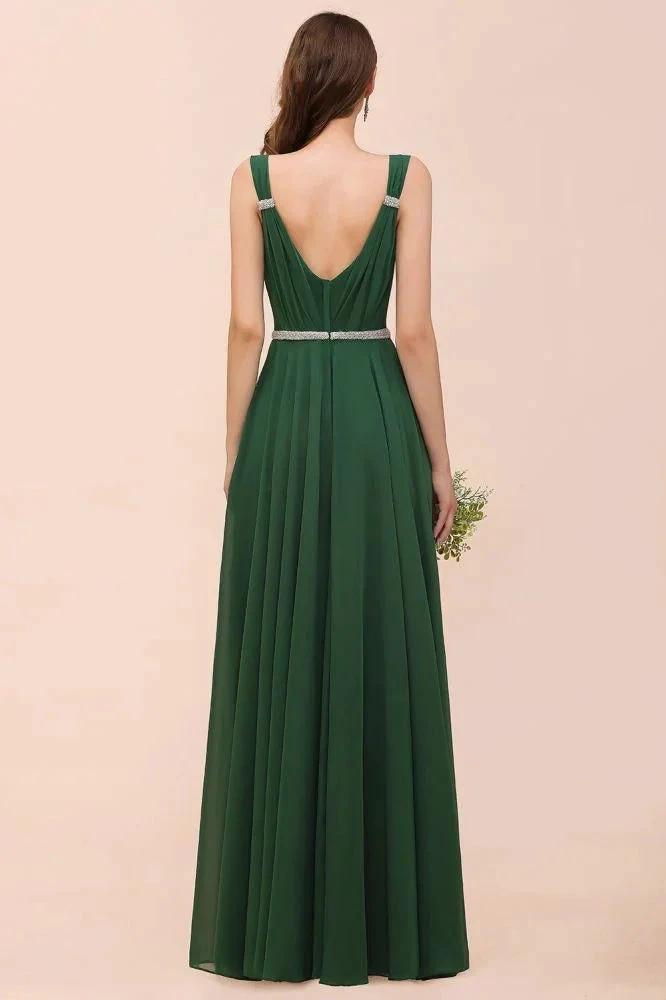 V-Neck A-line Dark Green Bridesmaid Dress Rhinestone Waist Belt by misshow.com