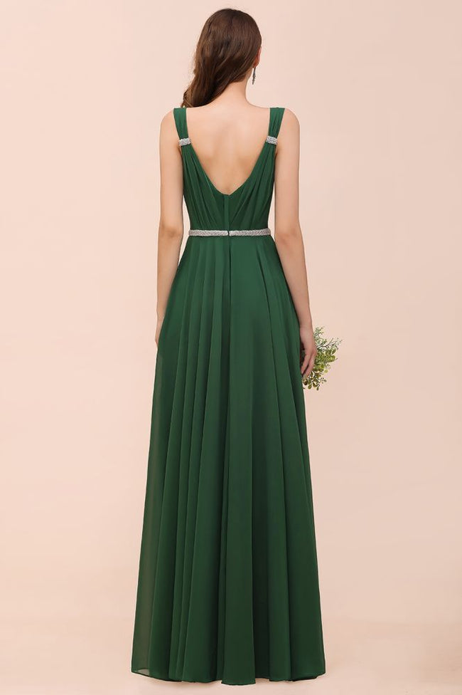 V-Neck A-line Dark Green Bridesmaid Dress Rhinestone Waist Belt Main Image