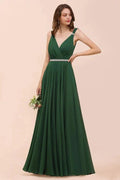 V-Neck A-line Dark Green Bridesmaid Dress Rhinestone Waist Belt by misshow.com