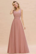 V-Neck Aline Ruffle Chiffon Bridesmaid Dress Sleeveless Floral Evening Swing Dress by misshow.com