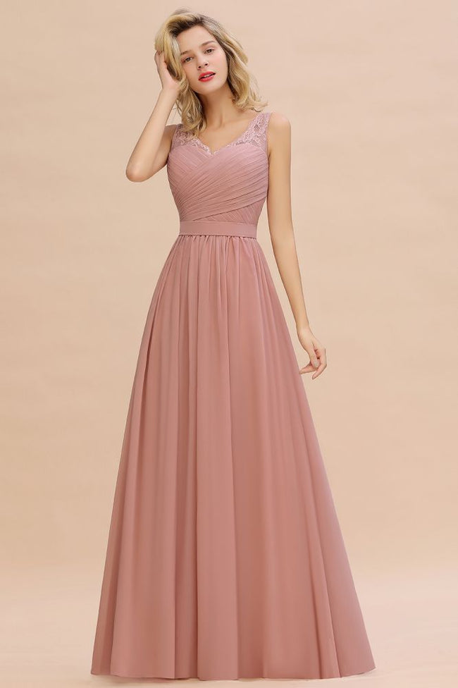 V-Neck Aline Ruffle Chiffon Bridesmaid Dress Sleeveless Floral Evening Swing Dress Hover Image