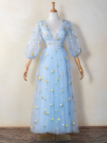 Vestido de fiesta de tul con escote en V, largo de encaje bordado