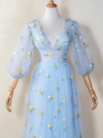 Vestido de fiesta de tul con escote en V, largo de encaje bordado