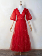 V-neck Glitter Tea Length Tulle Prom Dress by Anne of Brittany