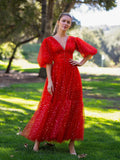V-neck Glitter Tea Length Tulle Prom Dress by Anne of Brittany