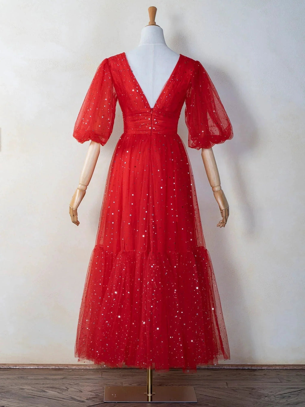 V-neck Glitter Tea Length Tulle Prom Dress by Anne of Brittany