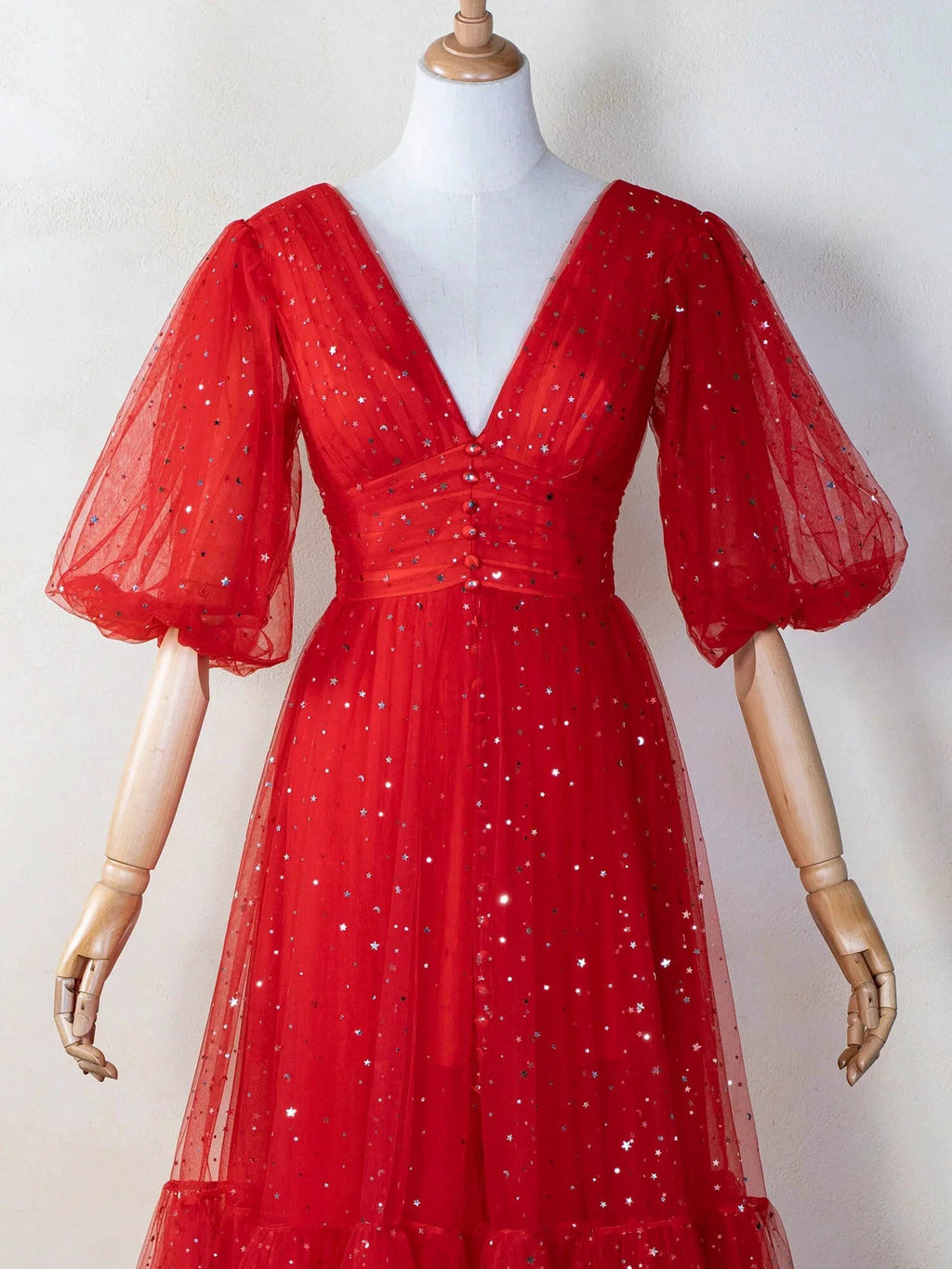 V-neck Glitter Tea Length Tulle Prom Dress by Anne of Brittany