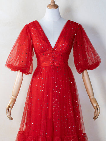 Vestido de fiesta de tul con escote en V y purpurina hasta la rodilla