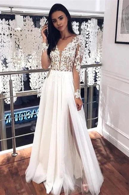 V-neck Appliques Long Sleeve A-line Wedding Dresses | Side Split Pleated Tulle Bridal Gowns by misshow.com