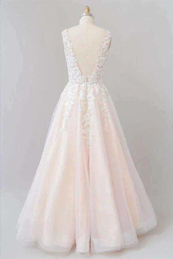 V-neck Appliques Tulle Floor length Wedding Dress by misshow.com