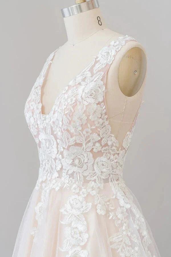 V-neck Appliques Tulle Floor length Wedding Dress by misshow.com