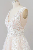V-neck Appliques Tulle Floor length Wedding Dress by misshow.com