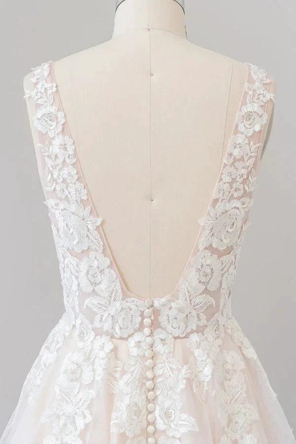 V-neck Appliques Tulle Floor length Wedding Dress by misshow.com