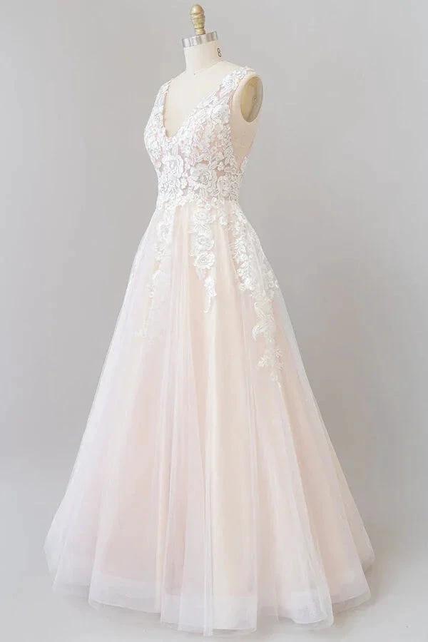 V-neck Appliques Tulle Floor length Wedding Dress by misshow.com
