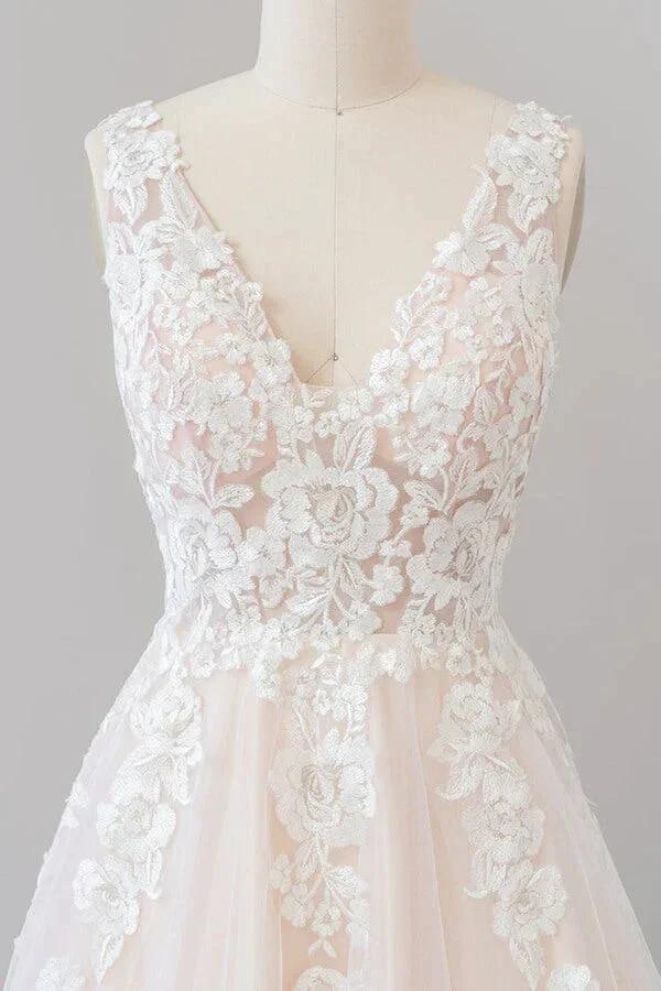 V-neck Appliques Tulle Floor length Wedding Dress by misshow.com