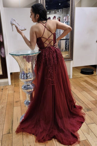 Vestido largo de fiesta de encaje burdeos sin espalda y escote en V, vestido formal de noche largo de encaje rojo vino